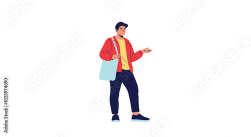 Full-length illustration of a young man in a red jacket and dark pants standing casually while holding a tote bag.
