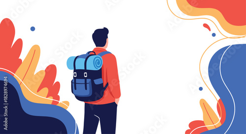 Man with a large hiking backpack seen from behind looking into the distance surrounded by colorful abstract nature elements.