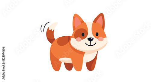 Adorable and happy cartoon puppy with brown and white patches smiling and wagging its tail on a white background.