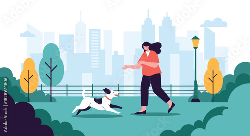 Happy woman playing with her energetic dog in a beautiful city park with a modern skyline view in the background.