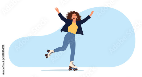 Happy young woman with curly hair and arms raised in the air enjoys a fun day of roller skating outdoors.