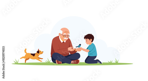 Caring grandfather and his grandson sit on the grass together sharing a gentle moment with a small bird as a dog plays.