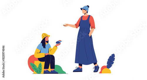 Two stylishly dressed young women interacting outdoors with one sitting and the other standing in a friendly conversation.