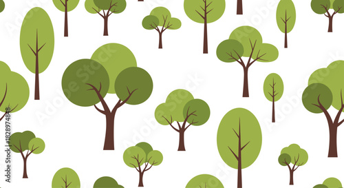 Simple seamless pattern background with various types of green stylized trees creating a cute and endless forest design.