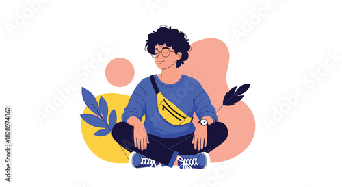 Young man with curly hair and glasses peacefully meditating while sitting cross-legged against a backdrop of abstract shapes.