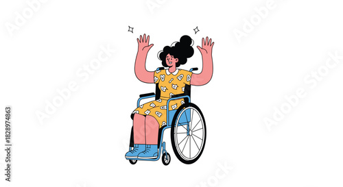 Happy and cheerful young woman in a wheelchair raises her hands in the air with excitement and sparkling stars.