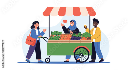 Diverse group of people shopping for fresh organic vegetables from a friendly Muslim woman at a farmers market stall.