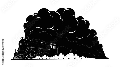 Vector illustration of black and white silhouette illustration of a vintage steam locomotive train emitting large plumes of dark smoke isolated on transparent background