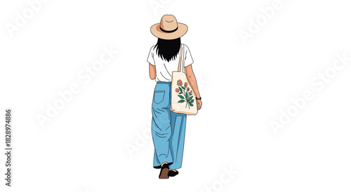 Rear view illustration of a stylish young woman in a hat and jeans walking away carrying a floral tote bag.