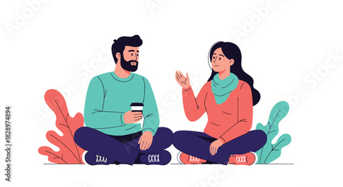 Young man and woman sitting cross-legged on the ground having a friendly and engaging conversation over coffee.
