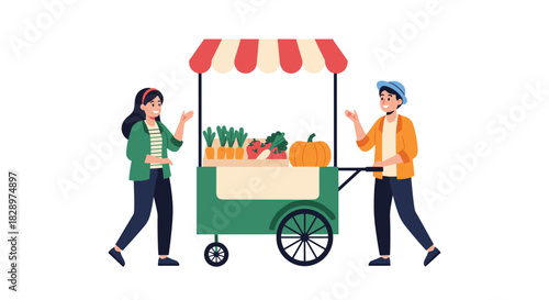 Friendly male vendor sells fresh organic vegetables from a street stall cart to a happy female customer at a market.