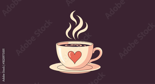 A steaming cup of hot coffee with a red heart on the side sits on a saucer expressing love for a warm comforting beverage.
