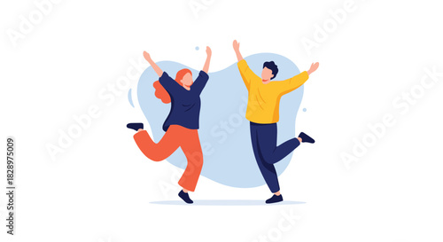 An energetic young couple jumps in the air with their arms raised expressing pure joy and excitement in a happy celebration.