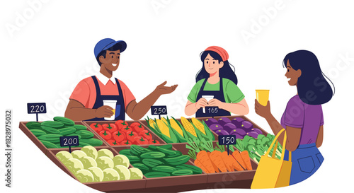 A diverse group of people shop for fresh vegetables at a bustling farmers market stall with friendly vendors assisting customers.