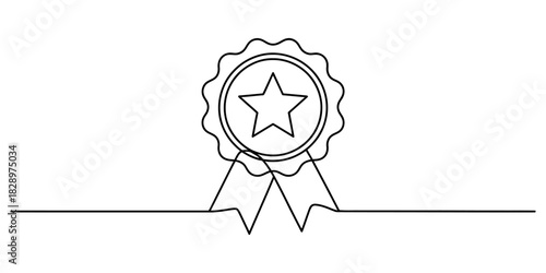 Continuous single line art drawing of an award badge featuring a star and elegant flowing ribbons, symbolizing quality, achievement, success and victory. Vector, illustration