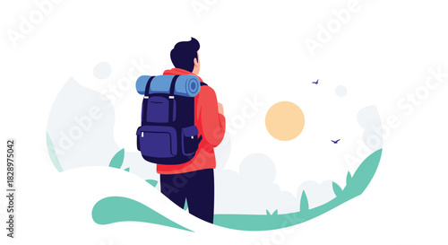 A male hiker with a large backpack stands and enjoys a beautiful sunny view of nature representing adventure and exploration.