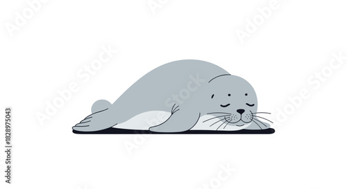 An adorable cartoon baby seal is resting peacefully with its eyes closed in a cute and simple vector illustration of marine wildlife.