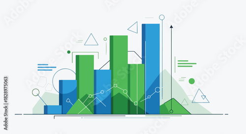 Green and blue bar graph with abstract shapes indicating growth and data analysis