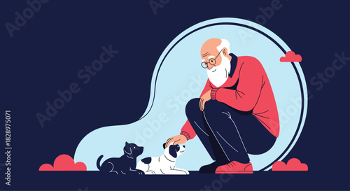 A kind elderly man with a white beard crouches down to affectionately pet two small adorable dogs showing interspecies friendship.