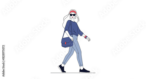 A stylish young woman wearing sunglasses and a red headband walks confidently in a chic casual outfit with a shoulder bag.