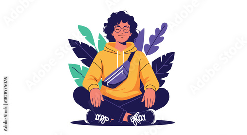 A calm person with curly hair and glasses meditates peacefully while sitting cross-legged outdoors surrounded by tropical leaves.