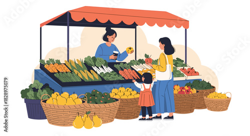 A mother and her young daughter shop for fresh organic vegetables and fruits together at a friendly local farmers market stall.
