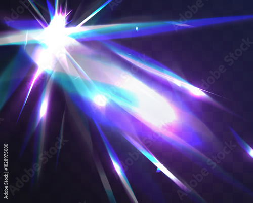 Vibrant prismatic light streaks with neon glow and lens flare effects on dark transparent background, creating dynamic futuristic energy motion.
