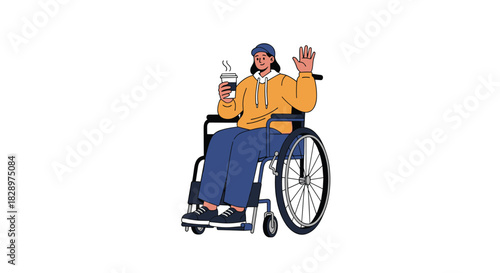 A happy young woman in a wheelchair waves a friendly hello while holding a cup of coffee showcasing an independent and positive lifestyle.
