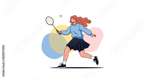 An active young woman with flowing red hair enjoys playing a game of badminton running to hit the shuttlecock with her racket.
