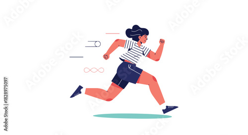 A strong and athletic woman in sportswear runs fast with determination and power in a dynamic and modern vector illustration.