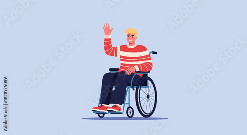 A cheerful young man with blonde hair sits in a wheelchair and waves his hand with a happy smile against a solid blue background.