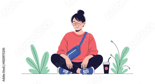 A relaxed young person with glasses and a fanny pack sits cross-legged on the ground outdoors enjoying a peaceful quiet moment.