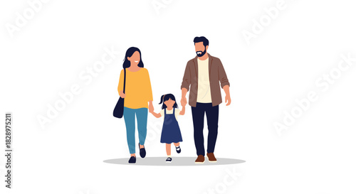 A happy young family of a mother father and their little daughter are walking together while holding hands on a white background.