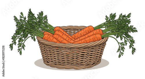 A rustic wicker basket is filled with a bountiful harvest of fresh orange carrots with their vibrant green leafy tops attached.
