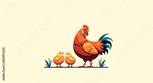 A proud mother hen stands watch over her two adorable little yellow chicks in a charming and simple farm animal illustration.