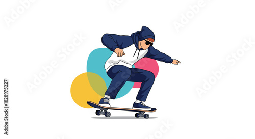 A cool young skateboarder in a hoodie and sunglasses performs a trick while riding a skateboard against a colorful abstract background.