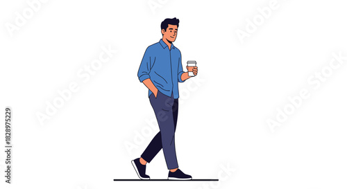 Young man in a blue shirt and casual pants walks confidently while holding a disposable coffee cup on a white background.