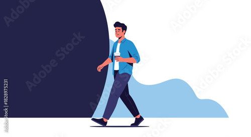 Happy young man in casual clothes walks with a takeaway coffee against a modern abstract blue and white background design.