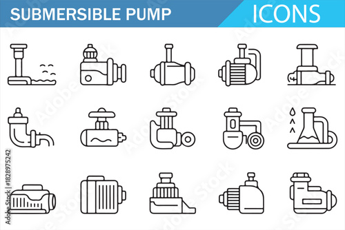 Submersible water pump thin line icon set for industrial design