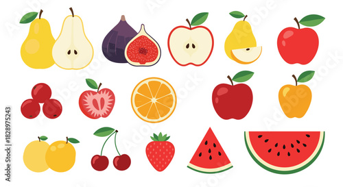 Colorful collection of various fresh fruits and berries including apples pears figs and watermelon isolated on white background.