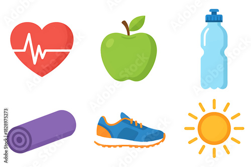 set of Health & Fitness Icons.
Health & Fitness Icons.
Heart, Apple, Water, Yoga Mat, Running Shoe & Sun