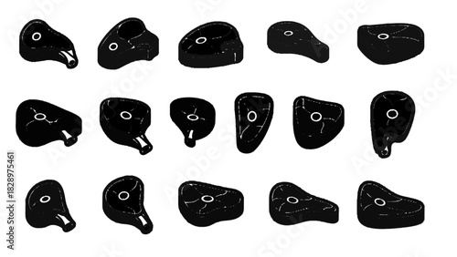Vector illustration of collection of various raw beef steak cuts icons in black and white style isolated on transparent background