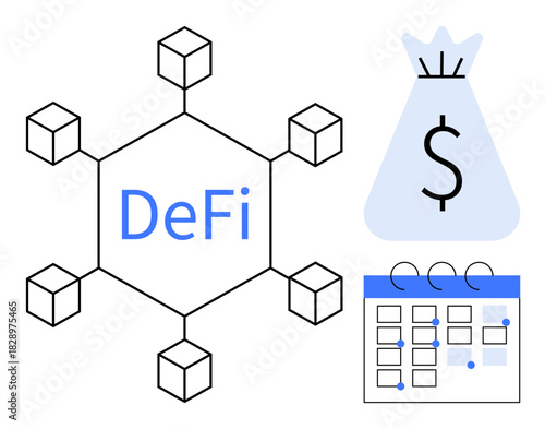 Decentralized finance network of cubes, money bag signifying financial savings, and calendar indicating planning or scheduling. Ideal for cryptocurrency, blockchain, fintech, digital banking