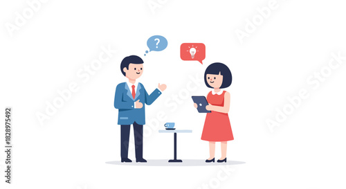 Creative problem solving concept with two people in a business discussion, one with a question and one with an idea