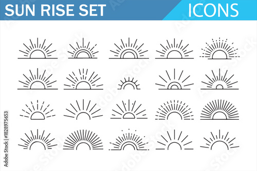 Rising sun and dawn symbols thin line icon pack