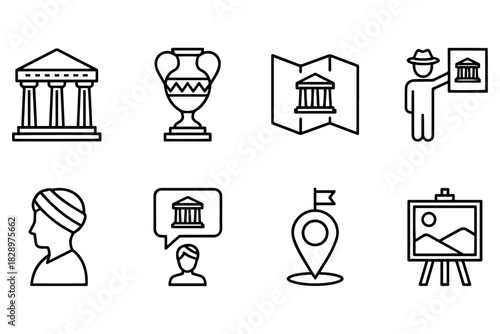 set of Travel, Culture & Art icons.
Travel, Culture & Art Icons,
Museum, Landmark, Map, Guide, Pin & Easel