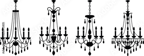 Four elegant black chandelier silhouettes with multiple candles and hanging crystal beads on a white background