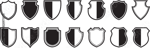 Collection of black and white shield icons set on white background