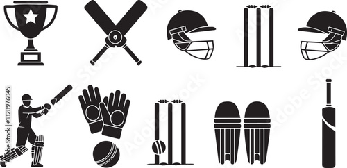 Cricket Equipment and Player Silhouettes Black and White Illustration Set