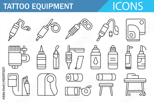 Tattoo studio equipment thin line icon set for professional artists